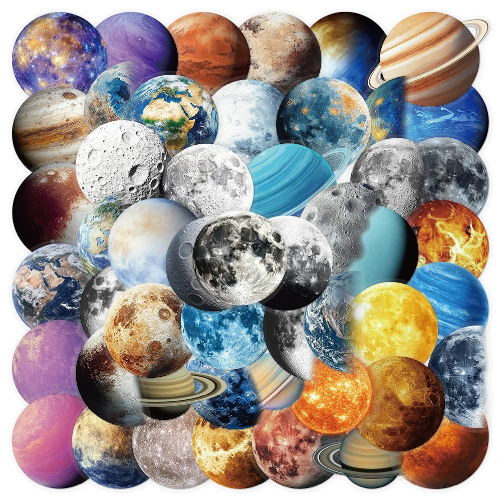 10/30/50pcs Cartoon Space Planets Stickers Creative Transparent PET Decals Stationery Phone Notebook Waterproof Sticker Packing