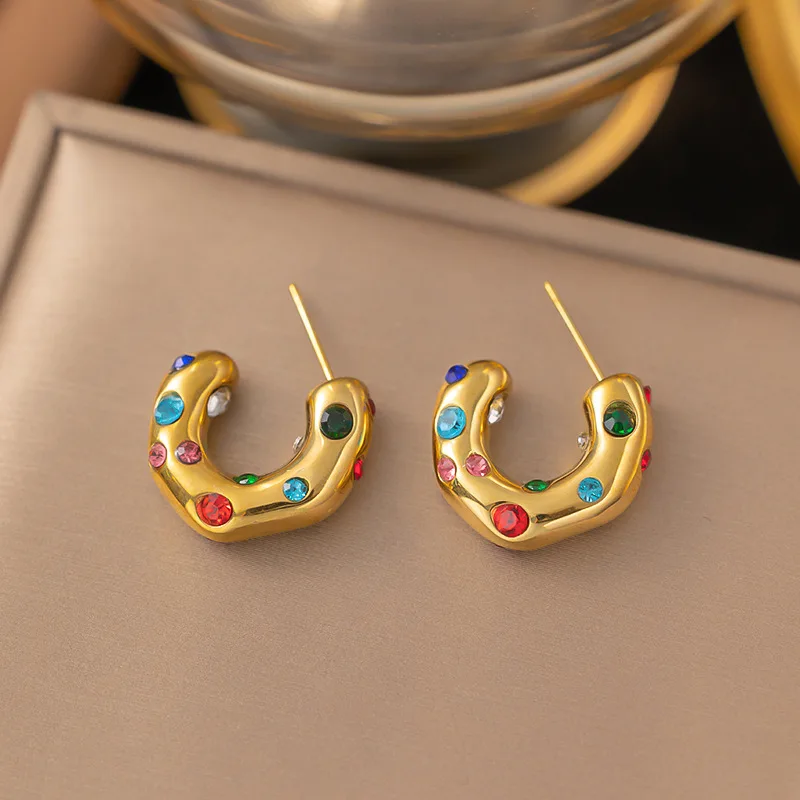 Pendientes gruesos de acero inoxidable chapados en oro para mujer, pendientes irregulares de circón de perla pavimentada, joyería de declaración gruesa, nuevo