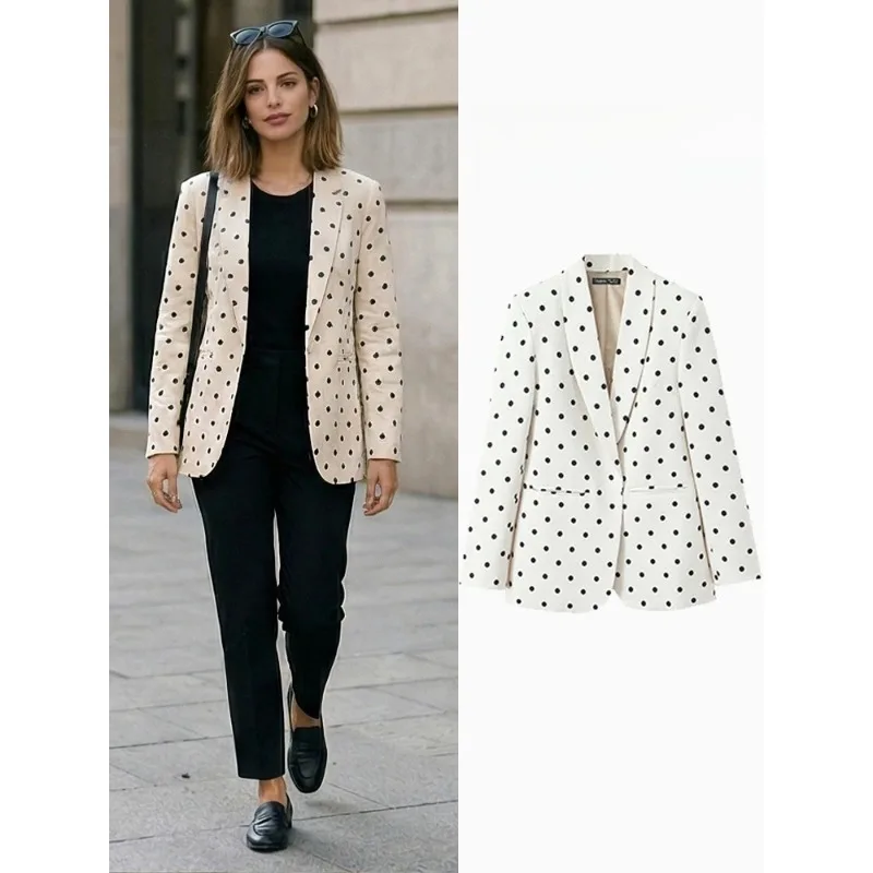

FANAN Women Fashion With Pockets Dot Printed Open Stitch Blazer Vintage Long Sleeves Notched Neck Female Office Lady Outfits