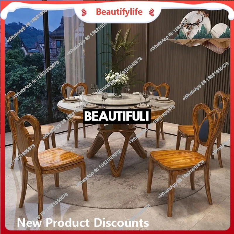 

a48 European solid wood dining table and chair combination marble round table with turntable ebony