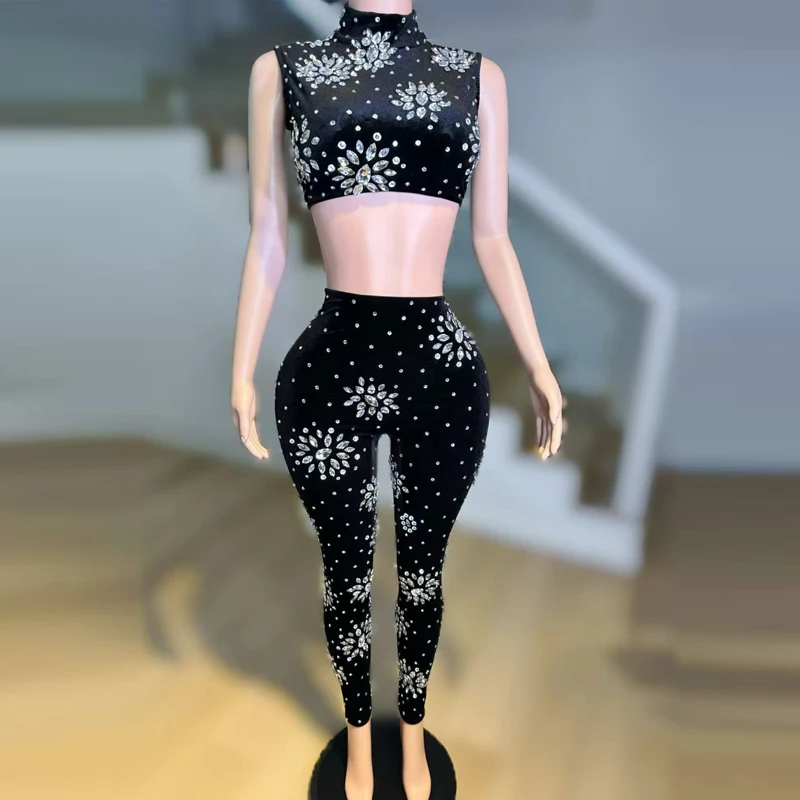 Sparkly Schwarz Strass Top Hosen Frauen Jazz Dance Kostüm Bühne Festival Outfit Bar Nachtclub Ds Dj Gogo Dance Wear XS9921