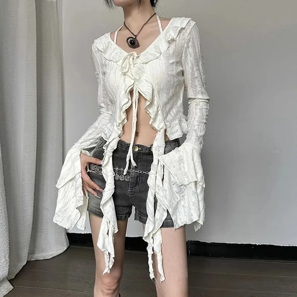 Spring Autumn Fairycore Butterfly Sleeve Lace Up Blouse Women Clothes Long Sleeve Streetwear Spring Autumn Tops Shirt Women Y2k