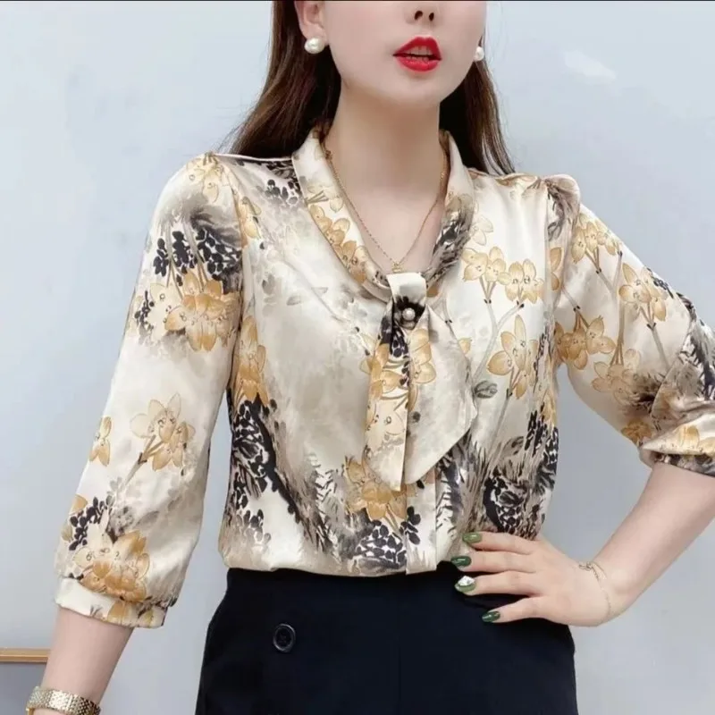Spring Autumn Women's Pullover Scarf Collar Drawstring Leopard Pattern Chiffon Lantern Long Sleeve T-shirt Fashion Casual Tops