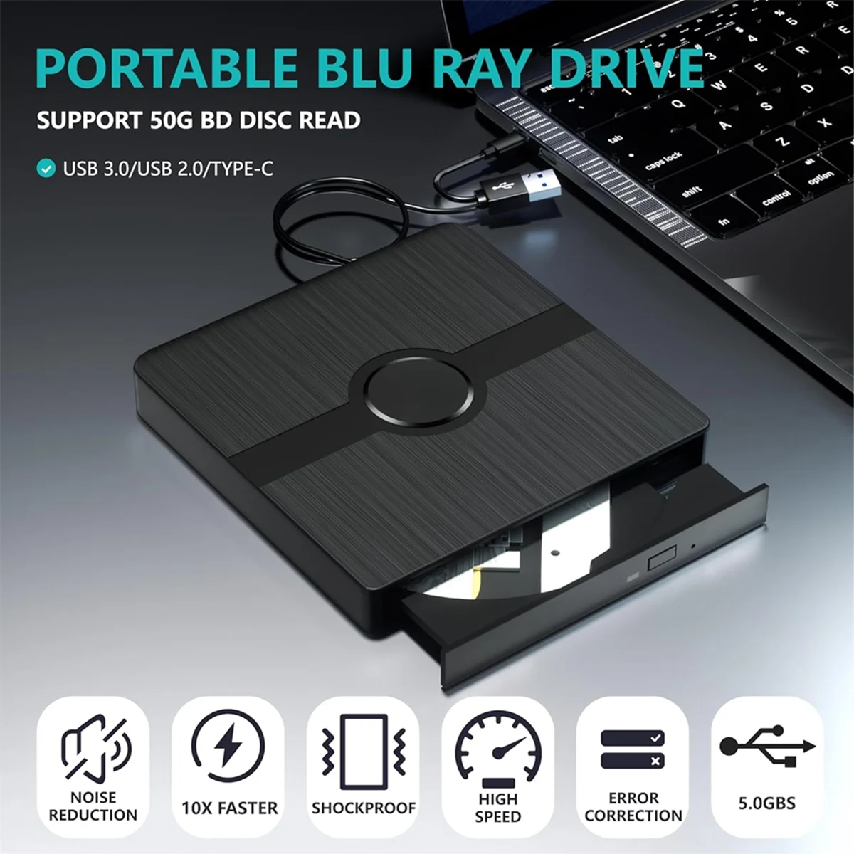 External Blu Ray Drive,CD/DVD Burner Player with Read/Write Capability Portable Blu-Ray Player for PC Laptop