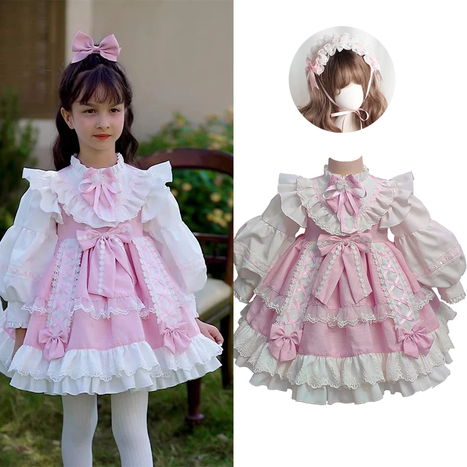 

Розовое платье Лолита для девочек с повязкой на голову, детское платье принцессы с пышными рукавами, кружевом и оборками, идеально подходит для дня рождения, свадьбы, для девочки-цветочницы