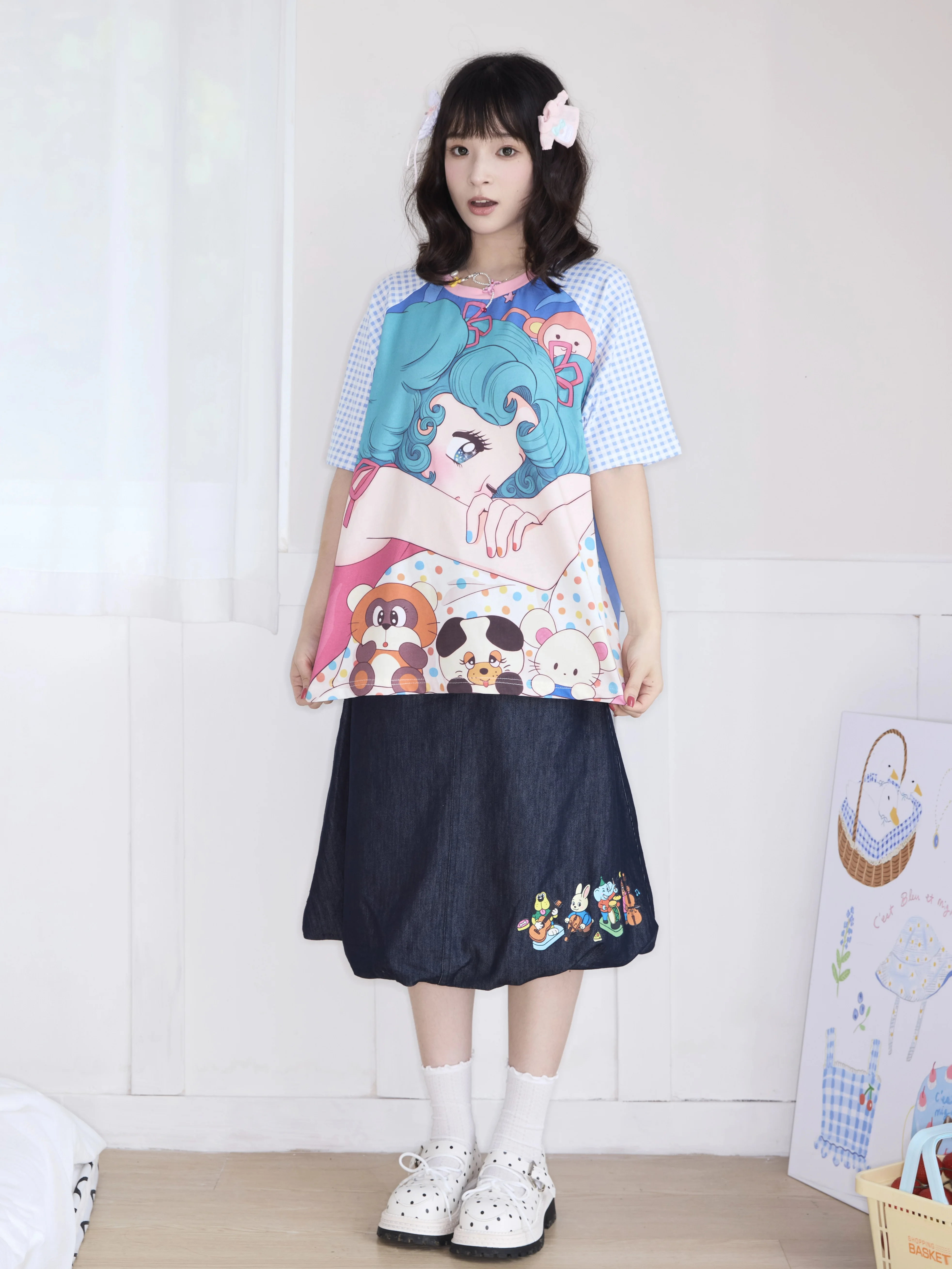 Robootoo Original Illustration Artist Cute Print Loose Versatile Half Skirt Rayon Lyocell A-Line Midi Skirt for Women