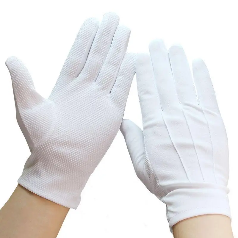 2 Pairs White Cotton Gloves No Slip Women Men Gripper Dot Parade Gloves Formal Tuxedo Uniform Costume Police Server Guard Gloves