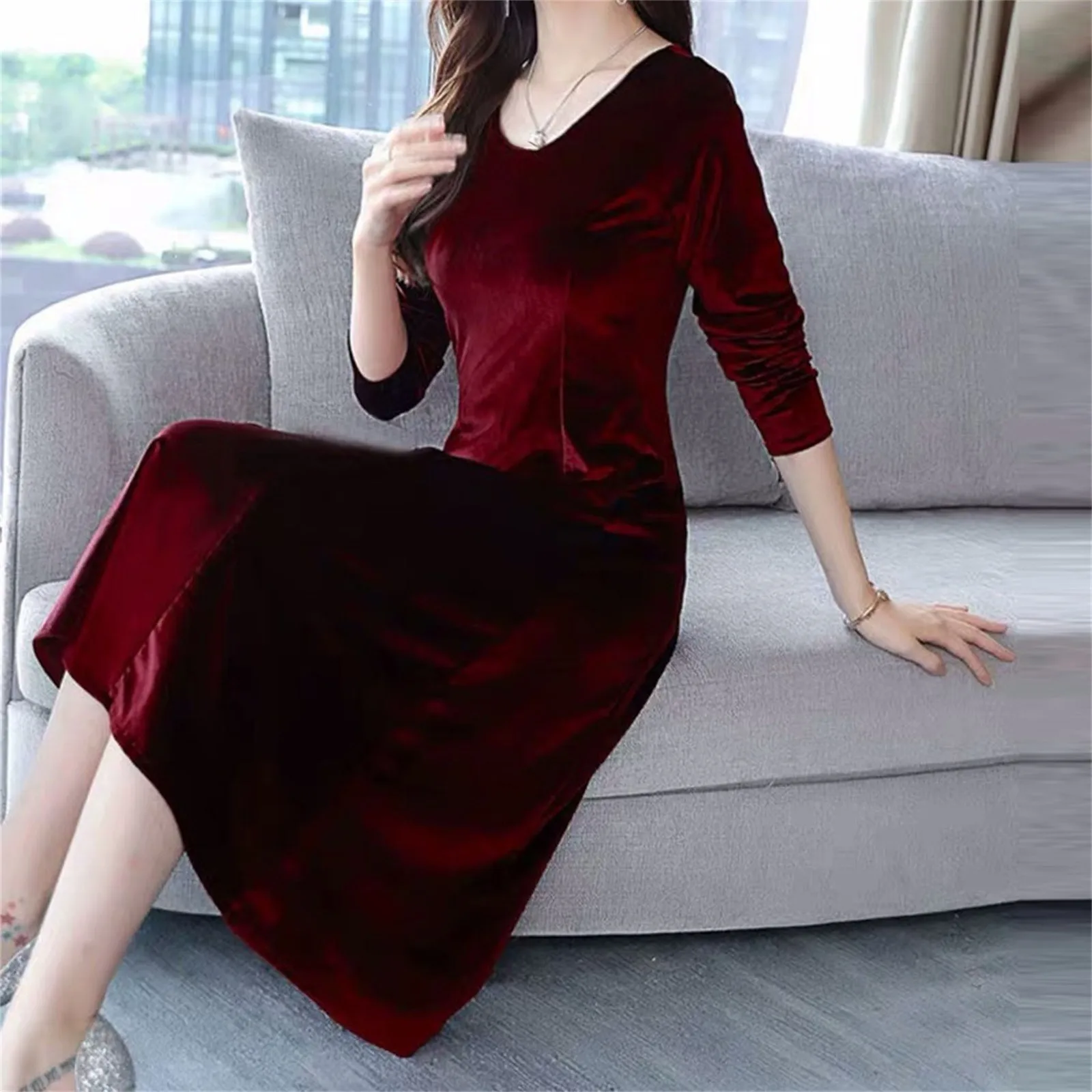 

Women'S Round Neck Canary Dress Autumn Long Sleeve Long Warm Dress Solid Color Elegant Lady Evening Dress Holiday Casual Dress