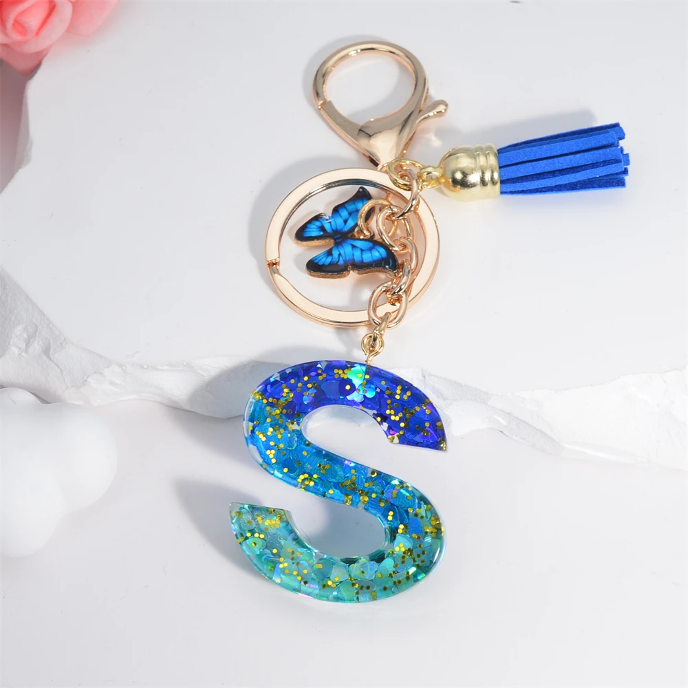 Sea Blue A To Z 26 Letter Keychain Women Wallet Charms 26 Initials Alphabet Butterfly Tassel Pendant With Key Rings Jewelry Gift