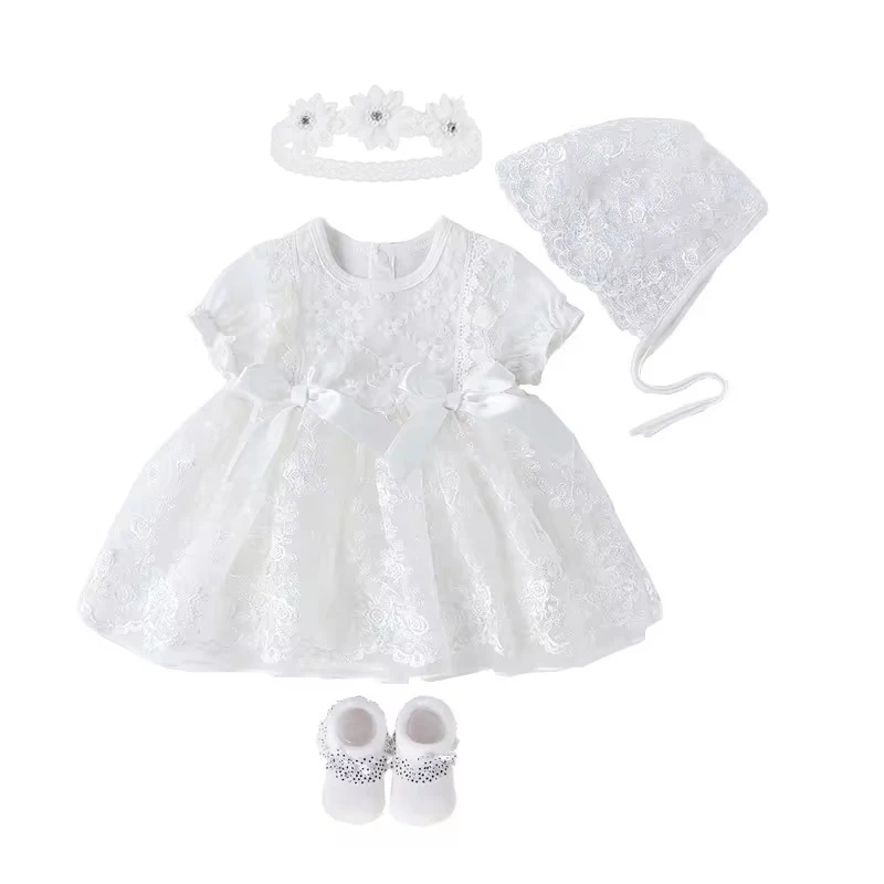 Newborn Baby Girl Dress Clothes 0 3 6 Months White Dresses Infant Tutu Bodysuit Party Outfits White Baptism Dress Shoes Set