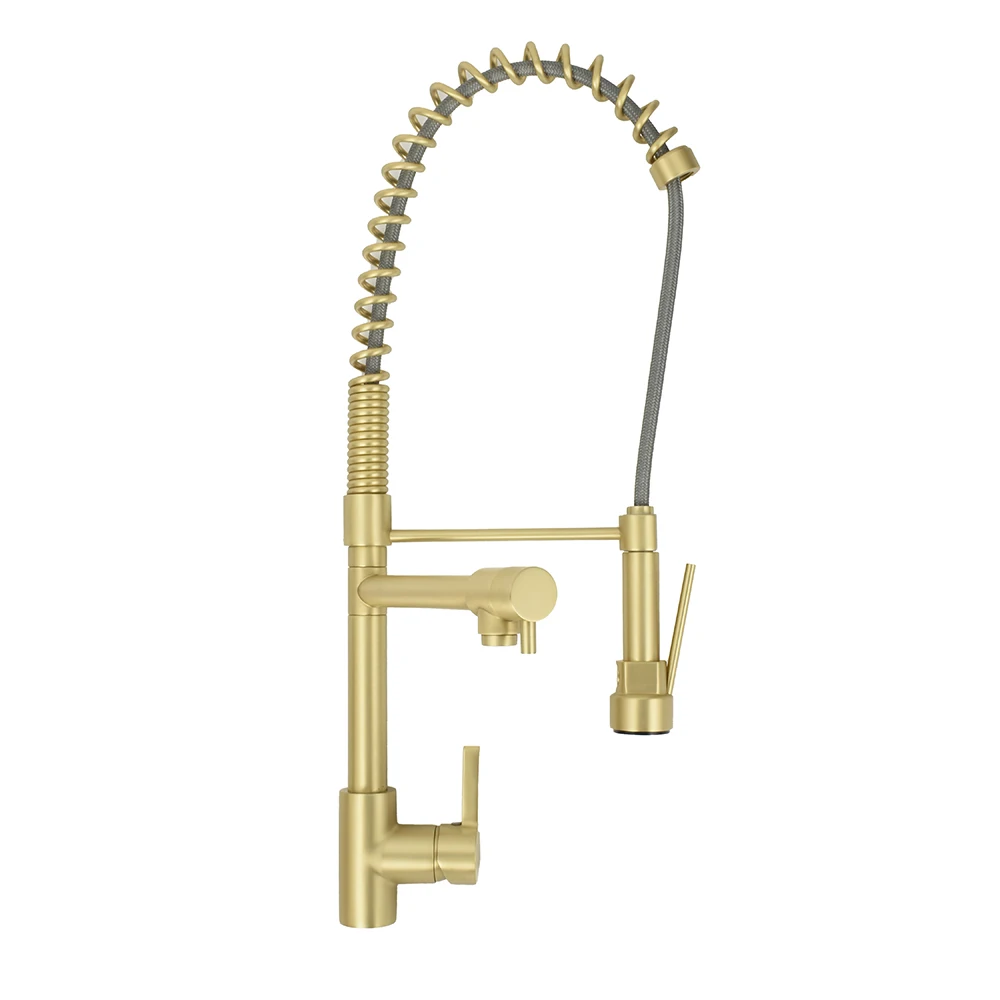 Brushed Gold Commercial Spring Faucet Pull Out Kitchen Mixer Taps