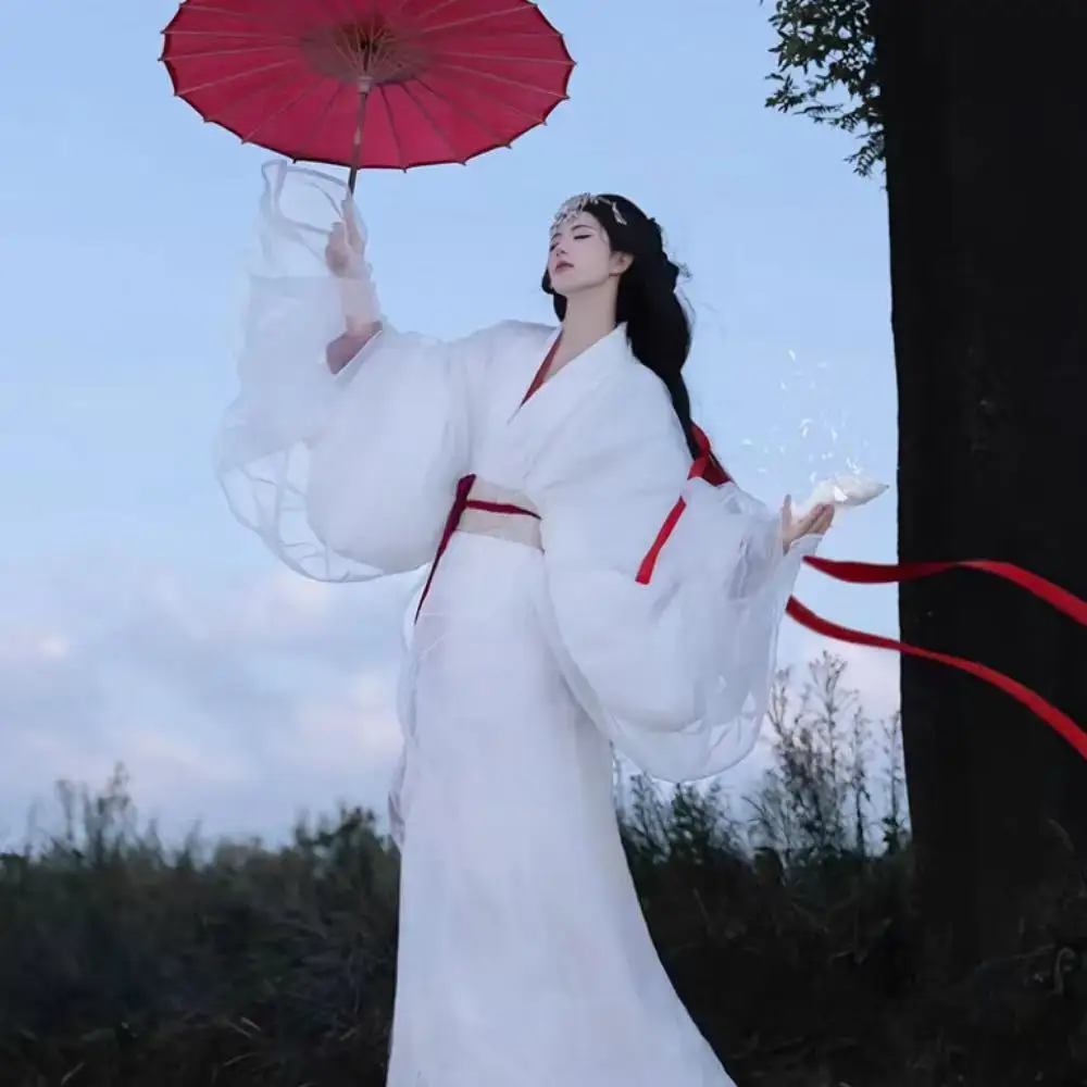 

White Fairy Hanfu Dress Women's Traditional Weijin Period Large Sleeve Shirt Vintage Warrior State Period Long Tail Robe Female
