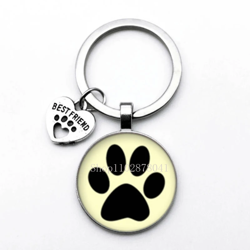 Fashion Jewelry Glass Pendant Alloy Keychain Cute Pets Dog Paw Print Charming Classic Gift