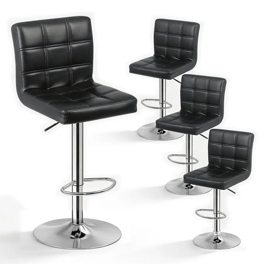 

Набор из 4 барных стульев для кухни, современный поворотный стул из искусственной кожи с регулируемой высотой и квадратной спинкой, 4 черных
