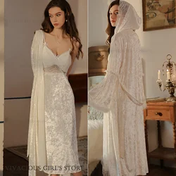 White Velvet Bride Wedding Long Robe Dress Hooded Bathrobe Nightgown French Sexy Lace Lingerie Sleepwear Women Velour Homewear