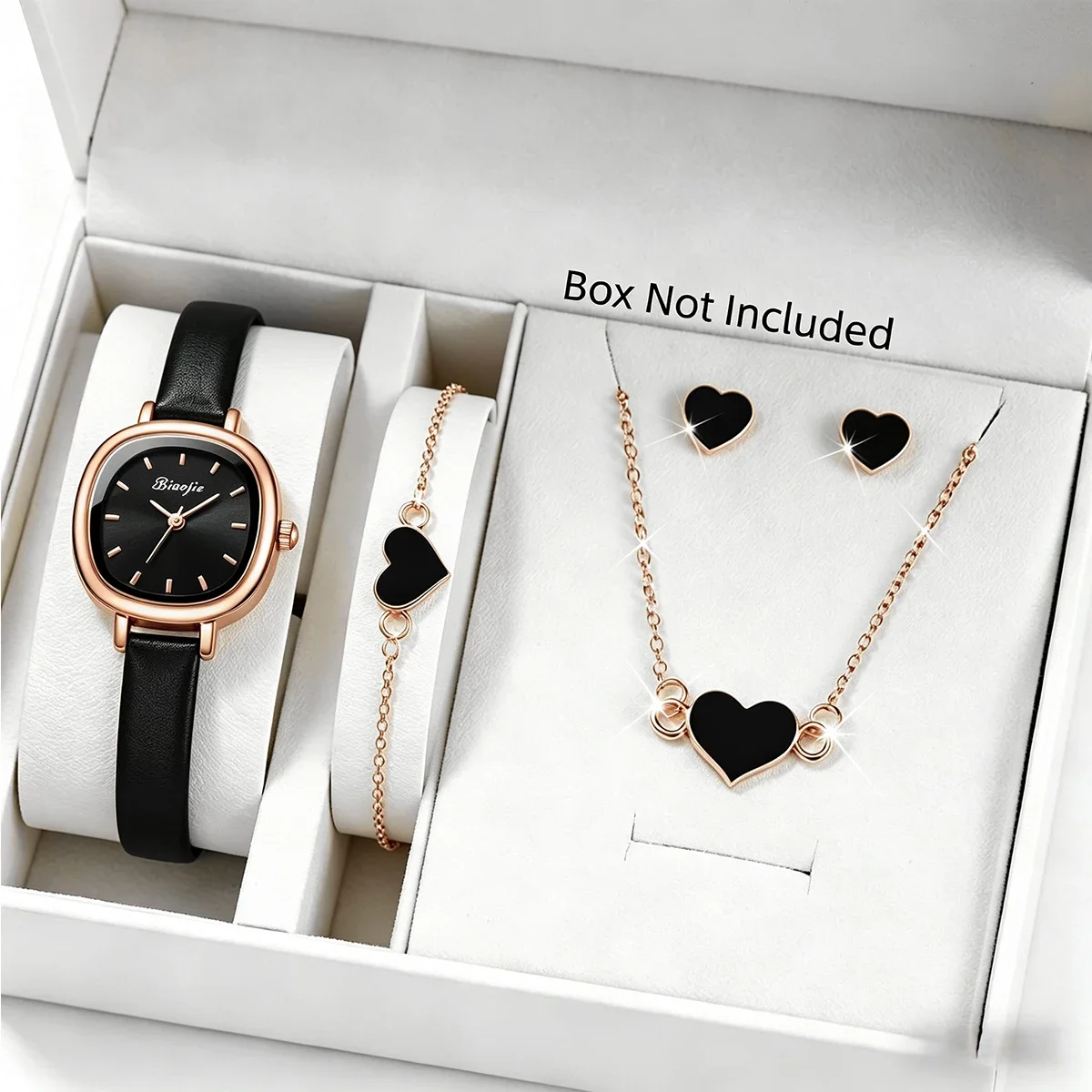 4Pcs Black Heart Jewelry Set Women Square Black Leather Quartz Watch Gift Kit