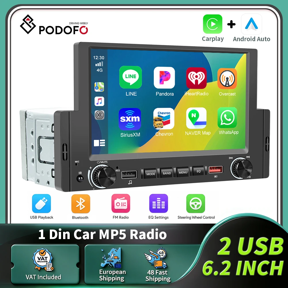 Podofo 6,2'' Autoradio 1 Din Carplay Android Auto Multimedia-Player HD-Touchscreen FM Bluetooth MirrorLink Universelles Autoradio