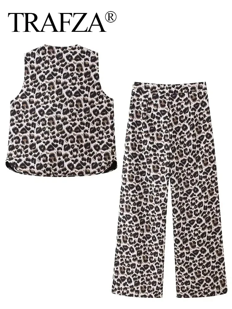 TRAFZA 2024 Women Vintage Leopard Print Vest Pant Set V Neck Lace Up Vest Top+Casual Straight Trousers Female High Street Suits