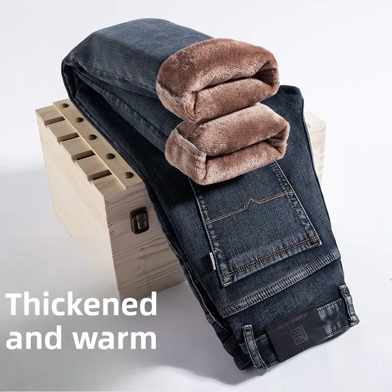 

Роскошные джинсы Thiened Fce на подкладке, прямые брюки с высокой талией, свободный крой, зимние теплые хлопковые джинсовые мужские модные повседневные брюки