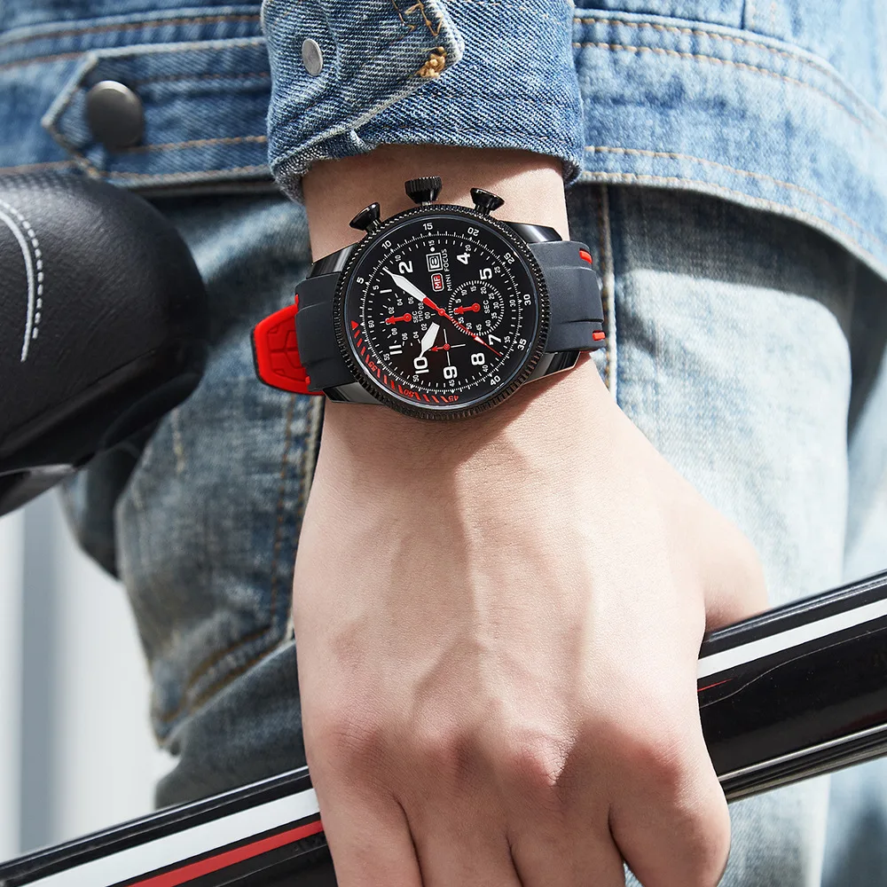 MINI FOCUS 0379 Men\'s Multifunctional Waterproof Quartz Watch Dashboard Design Sports Luminous Silicone Tape Boys Watches