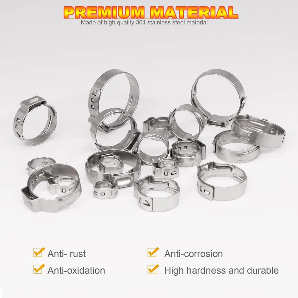 100 Stück Einohr-Schlauchklemmen in 5 Größen, 21-28,6 mm, stufenlos verstellbar, 304 Edelstahl Pex-Crimpringe-Set, Sortiment an Crimp-Schlauchklemmen – Detail 4