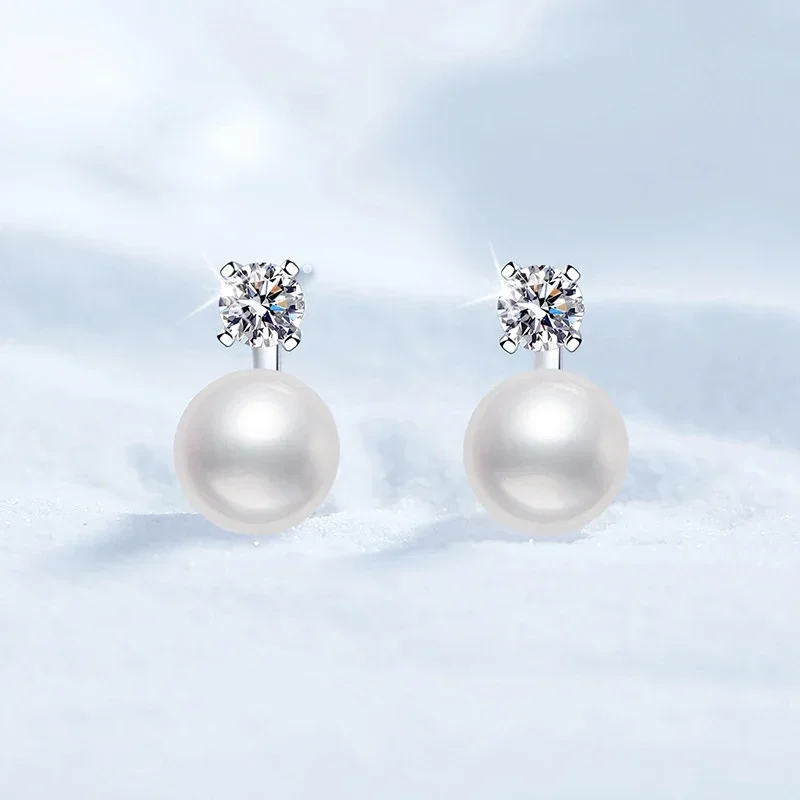 Tezzc 0.3CT Mini Moissanite Pearl Stud Earrings Natural Freshwater Dangle Earrings Lab Diamond 925 Sterling Silver Jewelry Gift