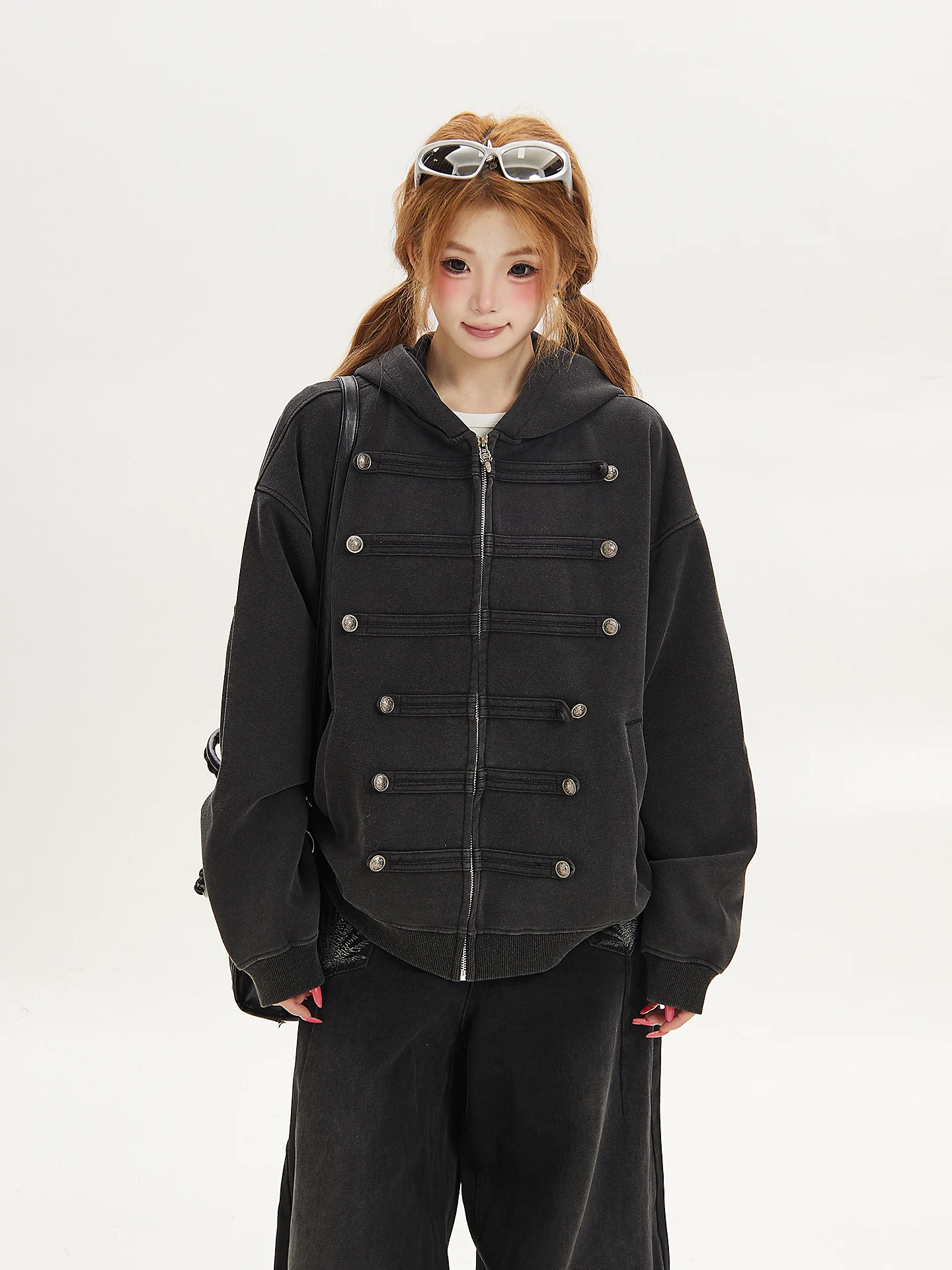 Ant American Retro Hooded Cardigan Women's Spring Autumn Loose Vintage Napoleon Style Jacket Trendy Brand Zipper Pocket Detail