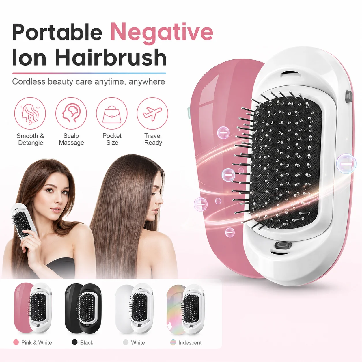 

Portable Negative Ion Hairbrush – Smooth & Detangle, Gentle Scalp Massage, Travel Ready, Cordless Hair Care Tool