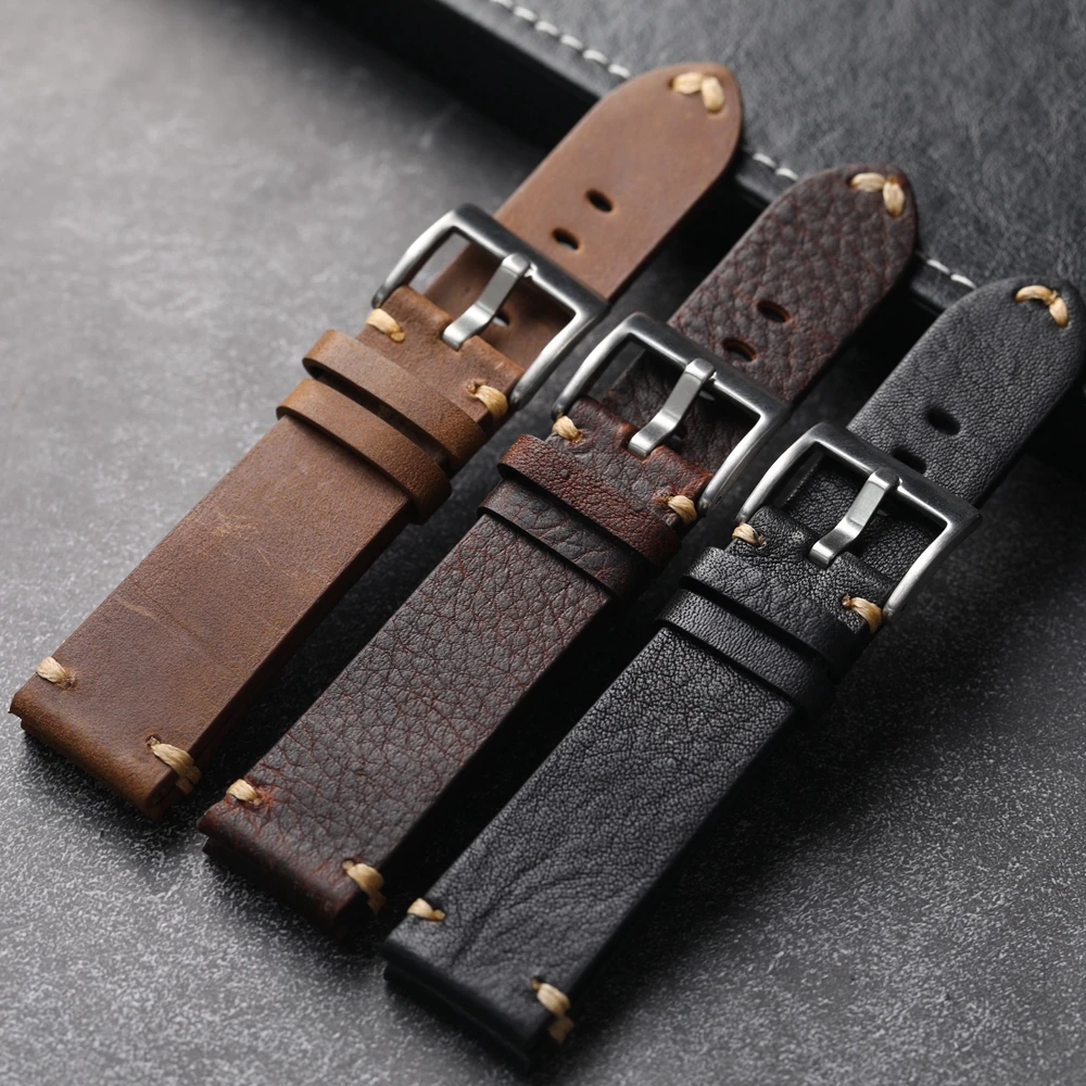 Handmade Head Cowhide Leather Strap, 18 19 20 21 22MM Aged Men\'s Vintage Italian Genuine Leather, Soft Bracelet