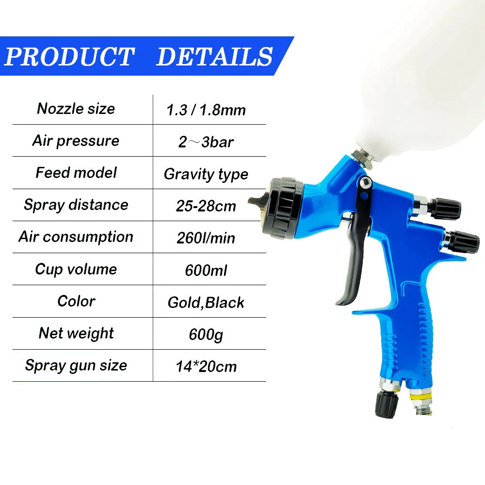 High Efficient HVLP Spray Gun 1.3/1.8mm Nozzle Car Painting Gun With 600ml Mixing Cup No-Clean Tank For Car Painting Airbrush