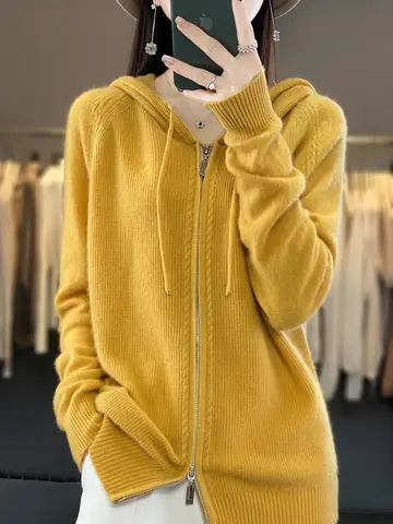 Autumn Winter 100% Merino Wool Sweater Cardigan Women's Hooded Zippers Raglan Sleeve Cashmere Knitwear Casual Chic Clothing Tops
