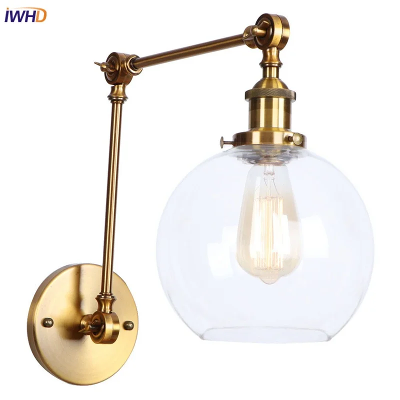 

IWHD Glass Ball LED Wall Lamps Gold Vintage Style Study Bedroom Bedside Lamp Bathroom Mirror Stair Light Long Swing Arm Wandlamp