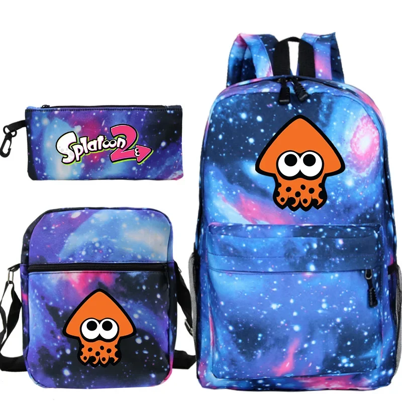 Splatoon Backpack para meninos e meninas, Travel Mochila School Bag, Shoulder Bag, Pen Bag, adolescentes, estudantes, 3 pcs por conjunto