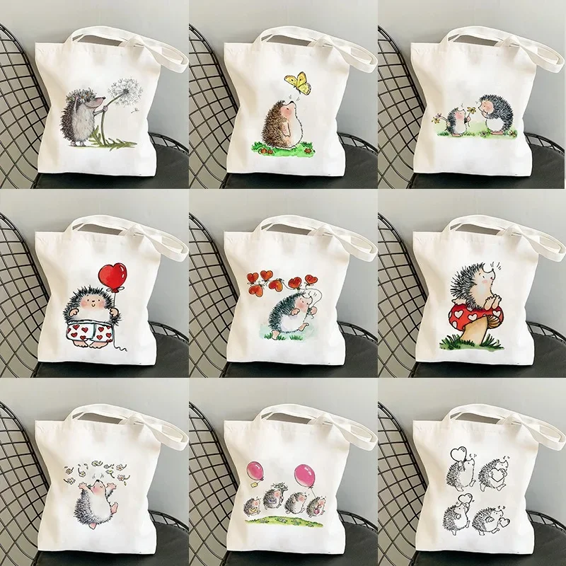 Cute Hedgehog Pattern Canvas Tote Bag Adorable Heart Mushroom Balloon Designs Stylish Versatile Shoulder Bag Daily Use