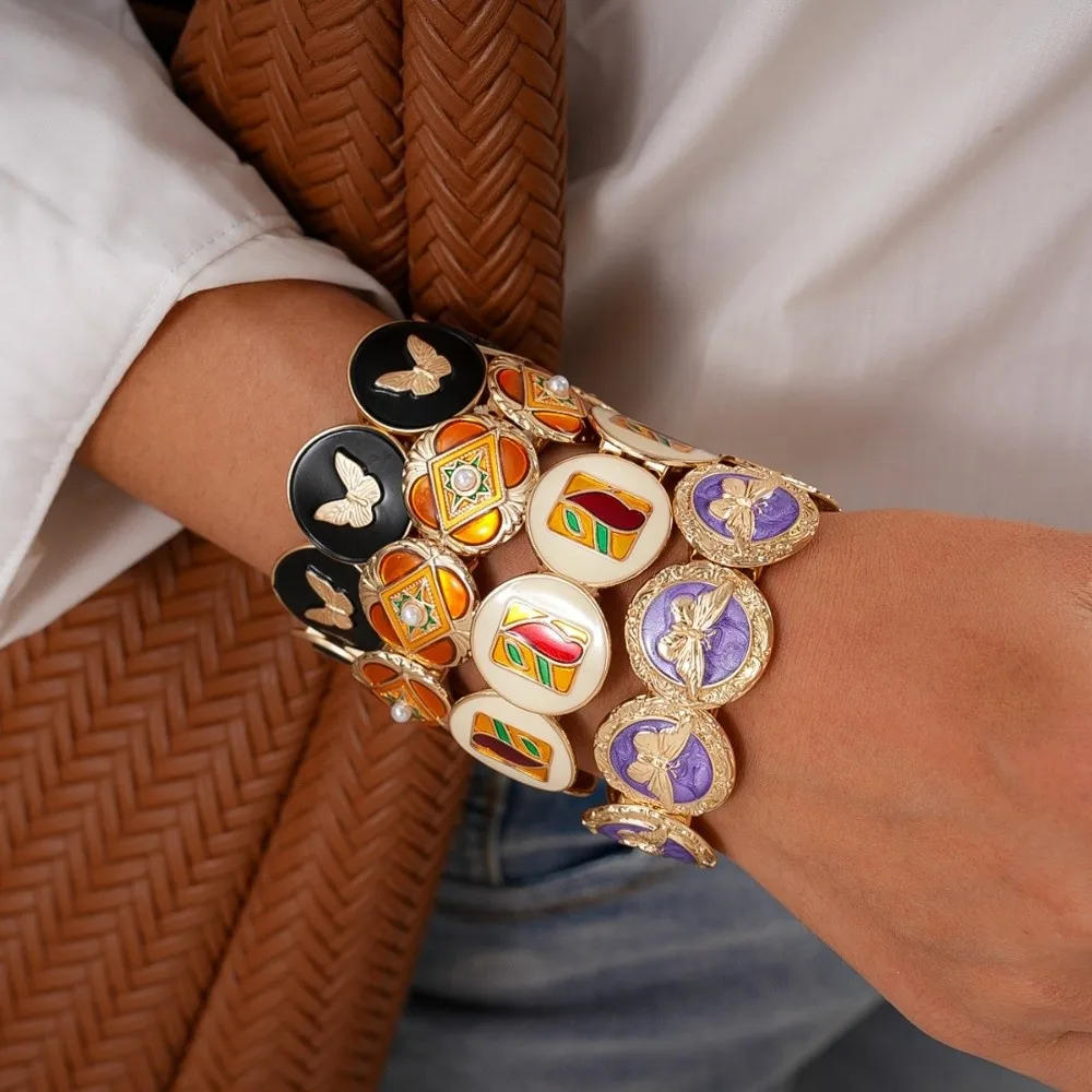 المجوهرات الفاخرة الرجعية بالتنقيط النفط سوار حبل مرن تقليد اللؤلؤ أساور معدنية واسعة فراشة هندسية الهندسة اليد الدائري #3