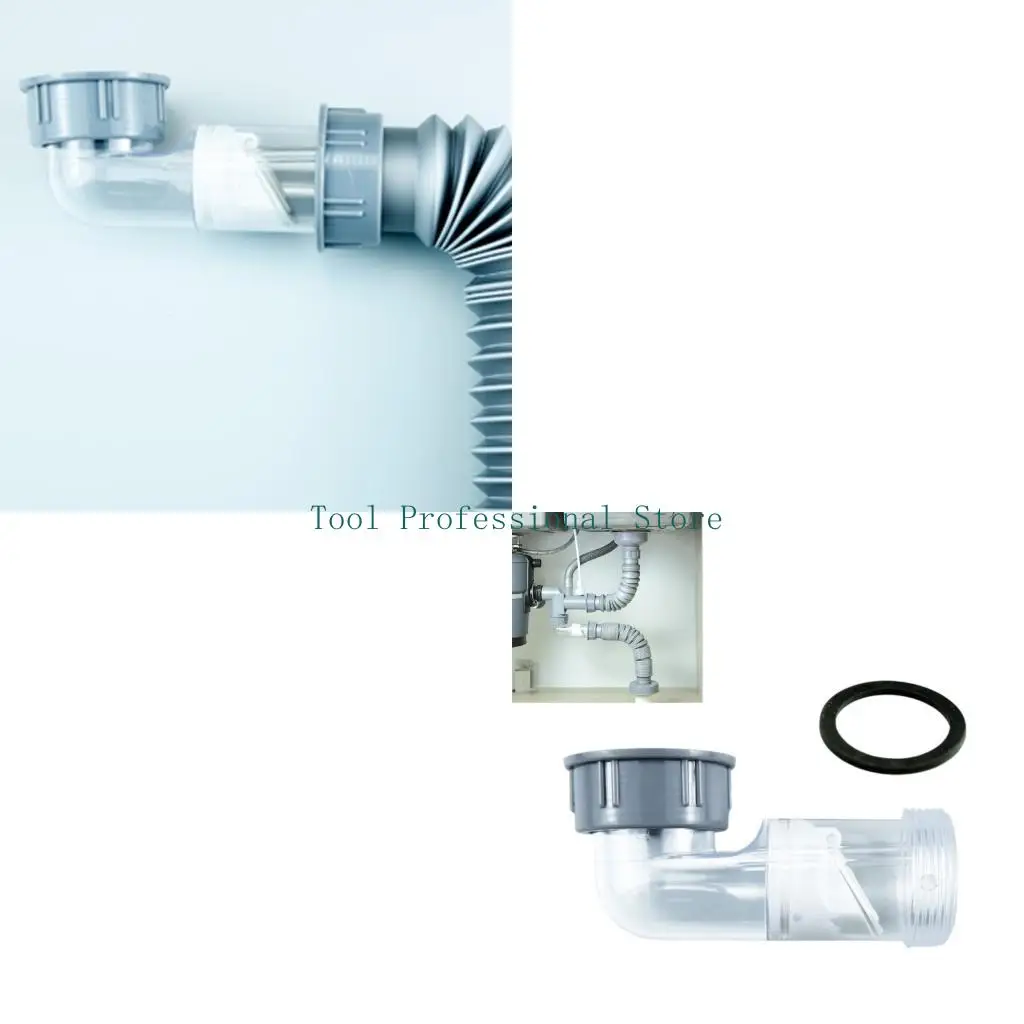 57QF Sink Drain Elbow for Kitchen Maintenance, Side Outlet Drain Part with Plastic Body, Screw Cap, Visible Internal Insert