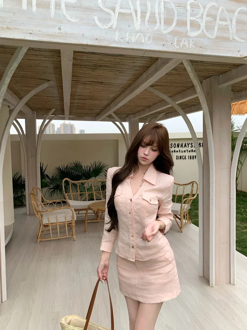 

Pink Collar Single Button Shirt Women's Fashion Spring Slim Fit High Waist Skirt Two Piece Set Business Casual Ensemble