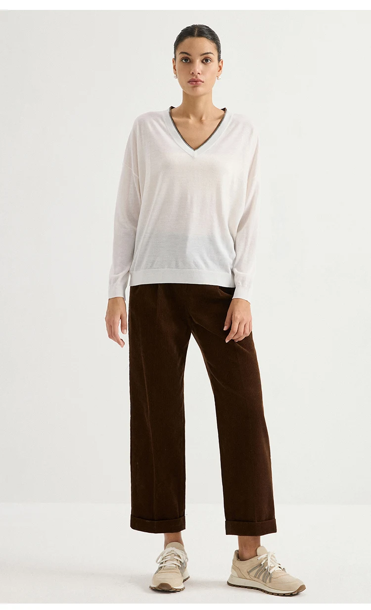 BD3621781 Damen 100% Wolle Oversized V-Ausschnitt Pullover Langarm Kontrastbesatz V-Form Kette Zweifarbig Entspannter Luxus Herbst – Detail 7