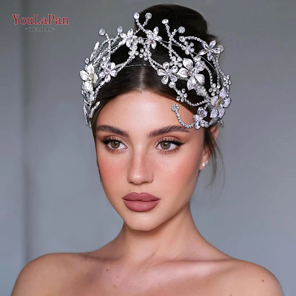 YoulaPan-Luxo Noiva Coroa Flor para Mulheres, Headband Brilhante, Strass Completo, Acessórios para Cabelo do Casamento, Jóias da Moda, Tiara HP764