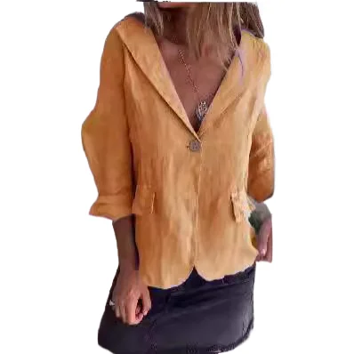 Casual Solid Suit Coat For Women Elegant Deep V-neck One Button Long Sleeved Spring Autumn Lady New Cotton Linen Top