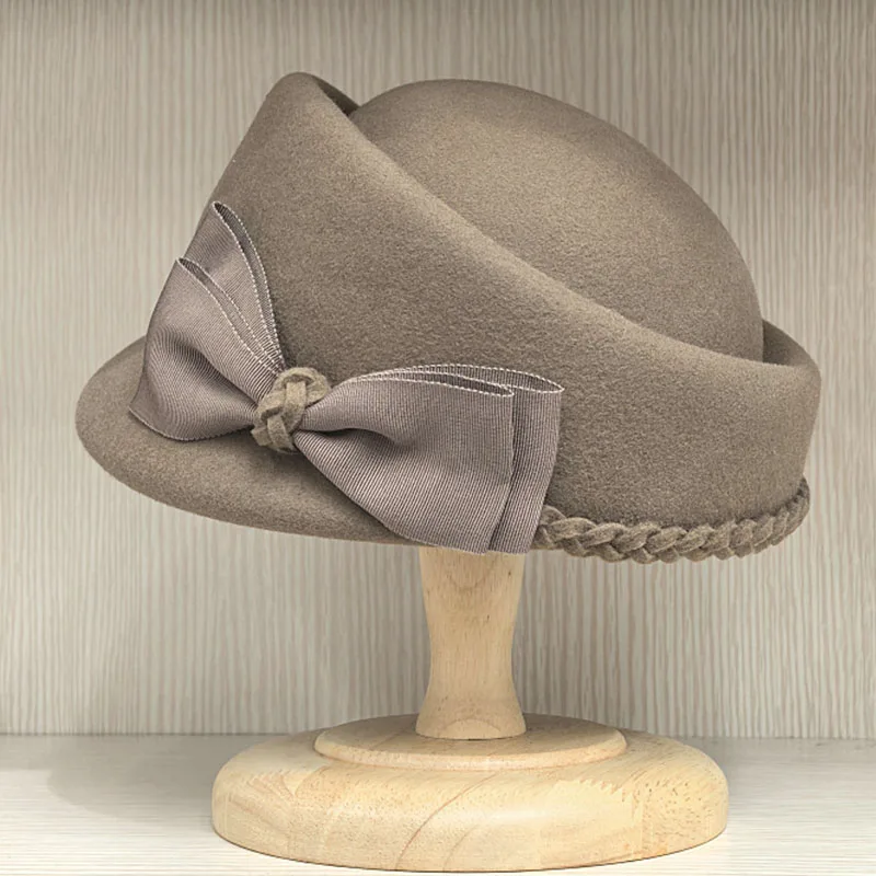 Elegant Wool Felt Berets Fedora Hats Women Winter Hat Pillbox Cap Ladies Bow Fascinator Hat Derby Wedding Ceremony Church Hat