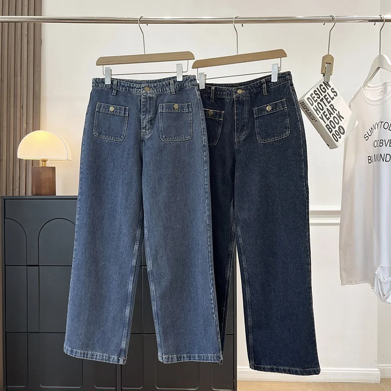 

Slimming Straight Leg High Waist Jeans Women's Casual Patch Pocket Design Long Pants Autumn 2025 French Style Denim Jeans