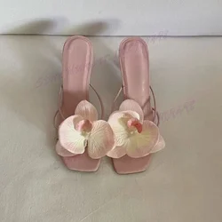 Pink Flower Decor Slippers Square Toe Shoes for Women Stilettos High Heels Elegant Evening Party Shoes 2024 Zapatos Para Mujere
