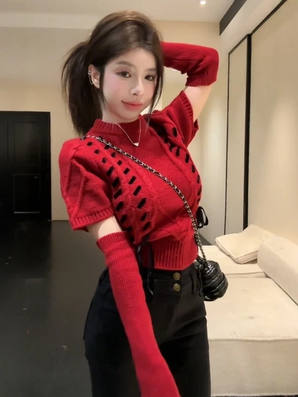 

New Year Red Knitted Sweater Women's Autumn Winter Lazy Sle Sve Cover Knitwear Top Rope Tied Twisted Cable Neline