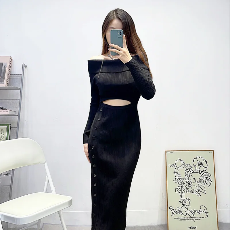 High Quality New Spring Long Sleeve Women Knitted Dresses Sexy Off Shoulder Exposing Navel High Waist Wrap Buttocks Lady Dress