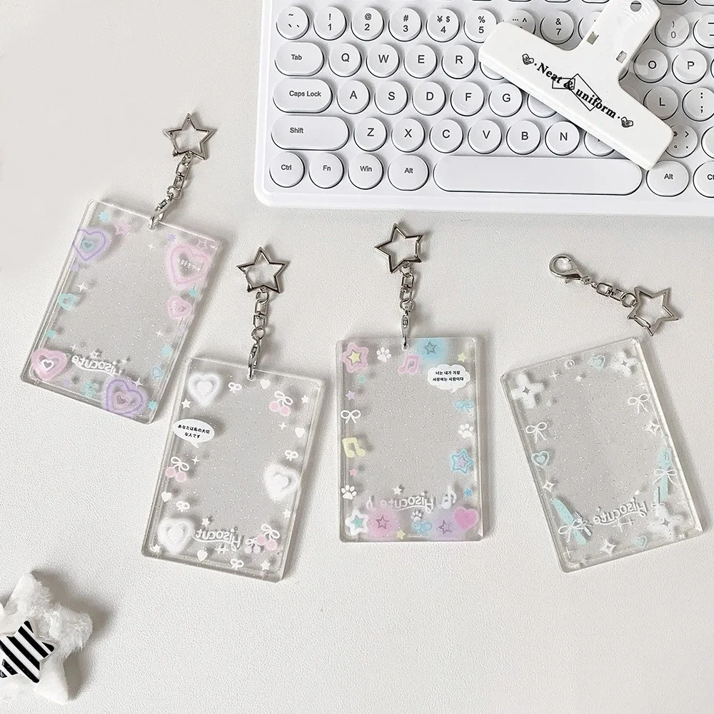 1pc Colorful Graffiti Love Transparent Glitter Card Sleeve Three-inch Small Card Card Brick Key Chain Pendant Photo Protector