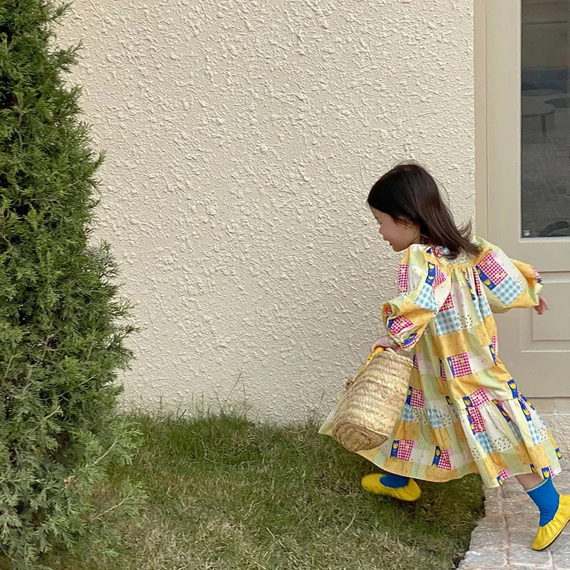 New Arrived Spring Children Clothes Cotton Print Square Collar Girls Dress Long Sleeve Korean Loose Straight Dresses image 2