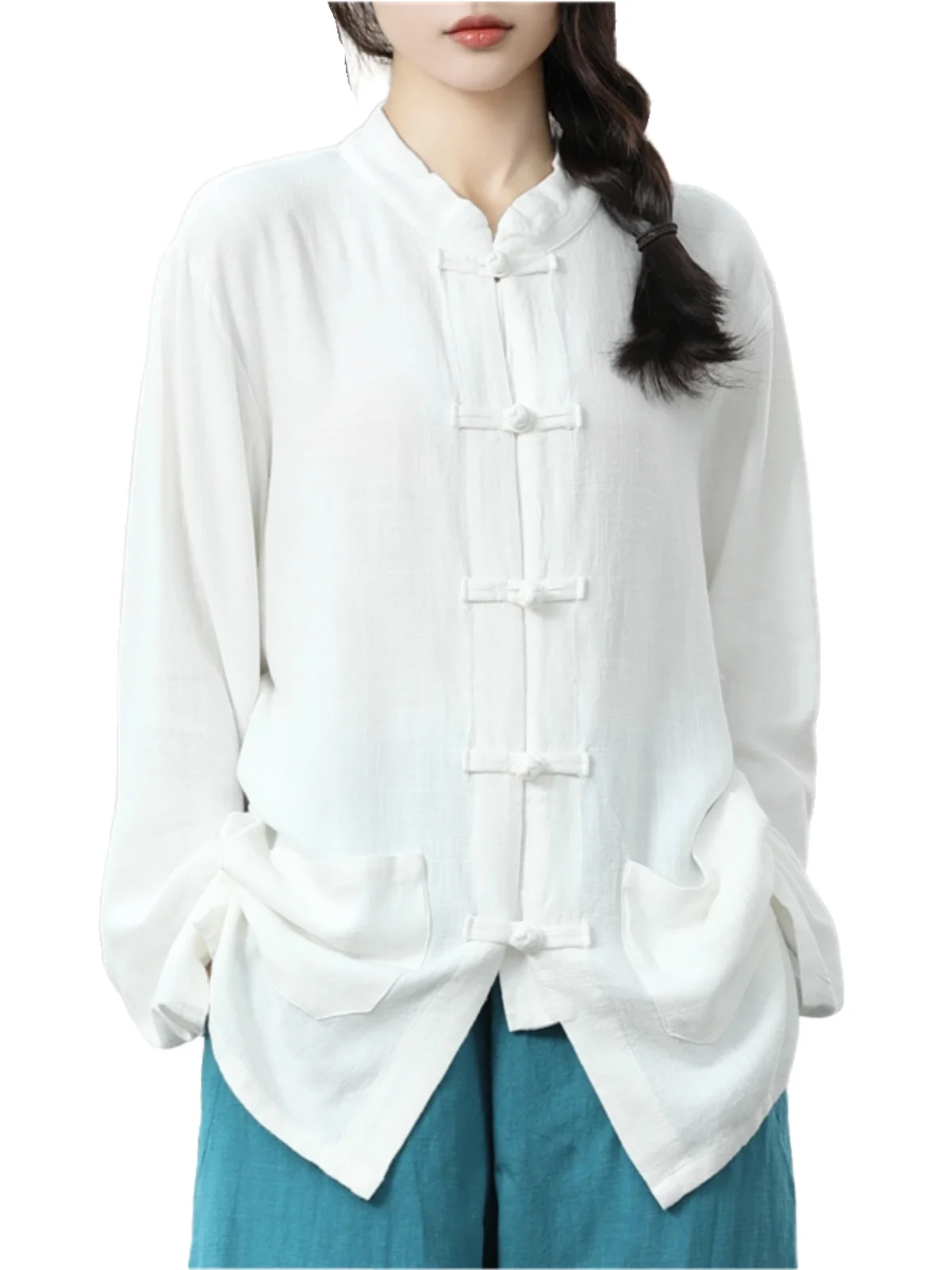 레트로 순색 롱 셔츠 버튼 달린 태극복 스타일 면 린넨 슬림핏 여성 비즈니스 캐주얼 셔츠