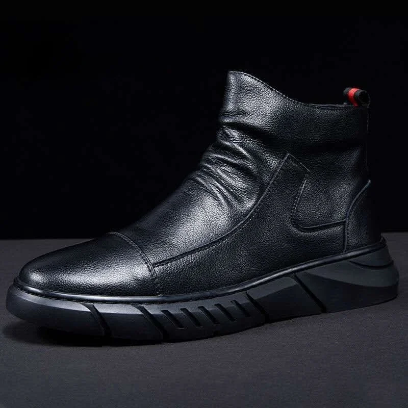 

Men Chelsea Boots Slip-on Waterproof Ankle Boots Retro Black Men Fashion Boots Motorcycle Shoes Plus Size 44