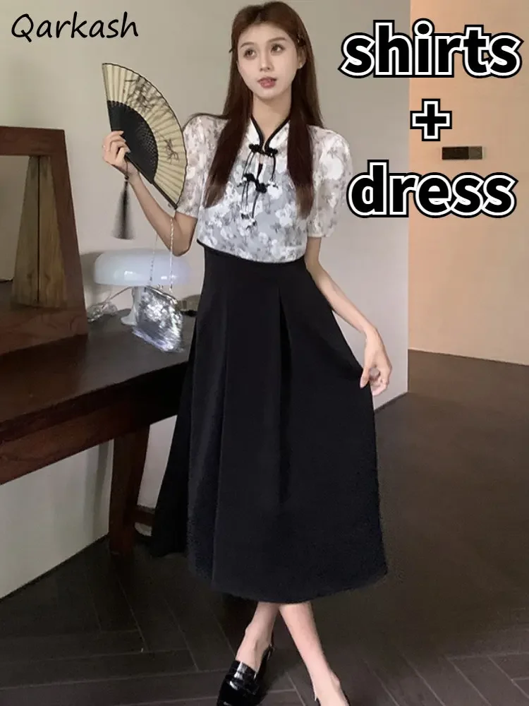 

Комплекты из 2 предметов, женские рубашки с принтом в китайском стиле, платье миди без рукавов, элегантная летняя универсальная уличная одежда, женская винтажная простая новинка